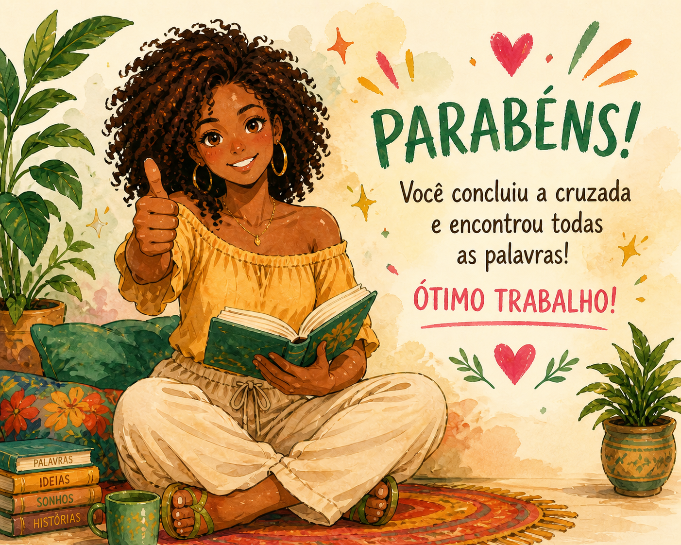 Ilustracao em nanquim e aquarela de uma mulher morena sentada com um livro na mao, sorrindo e dando parabens.